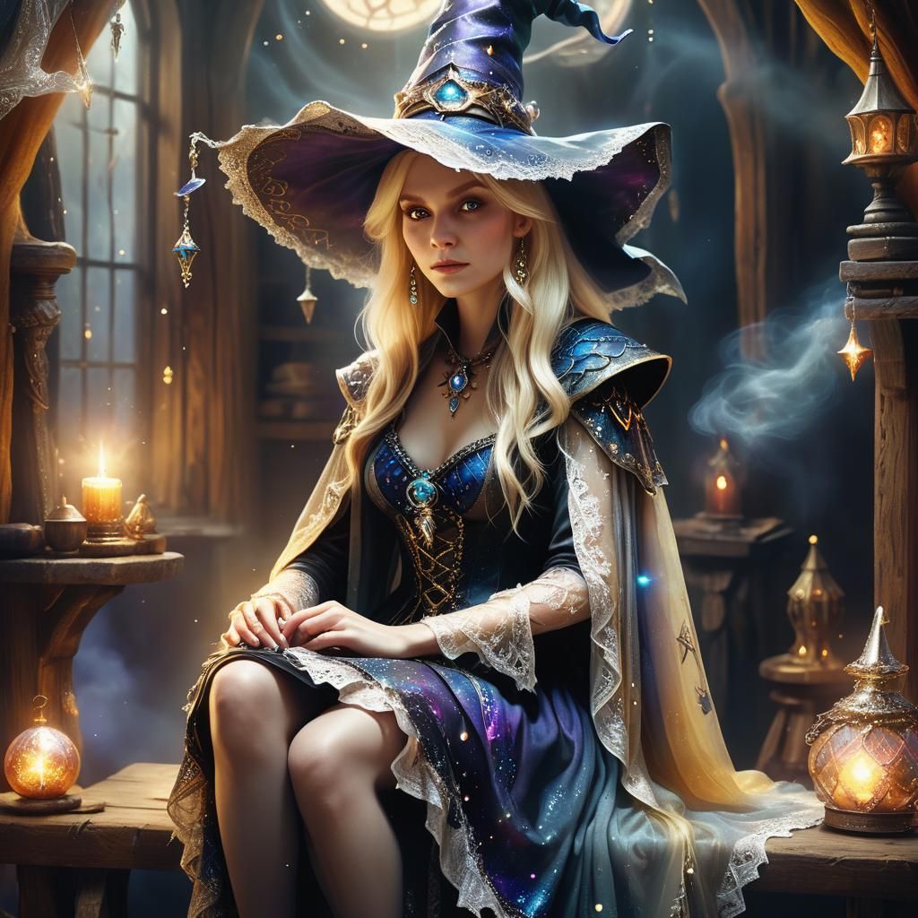 Blonde Sorceress in Golden Light: A Matte Painting