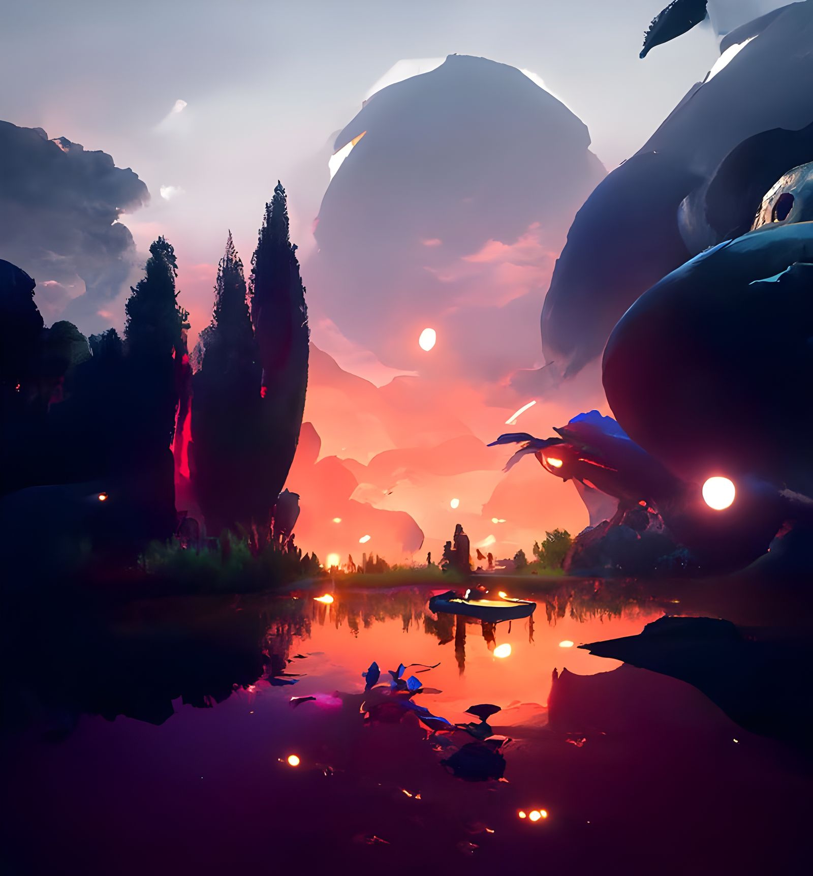 Orange Moon Rising Over Silky Pond