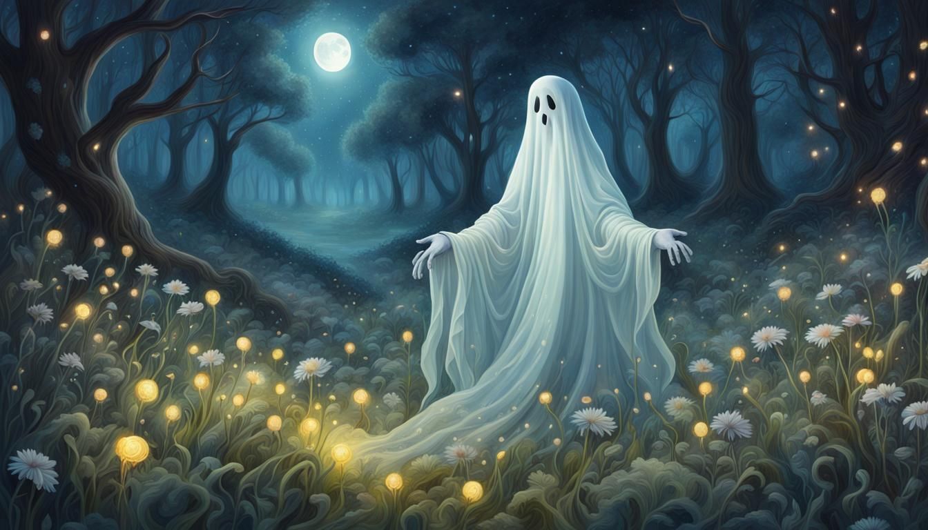Ghost in Moonlit Flower Forest: Detailed Matte Painting