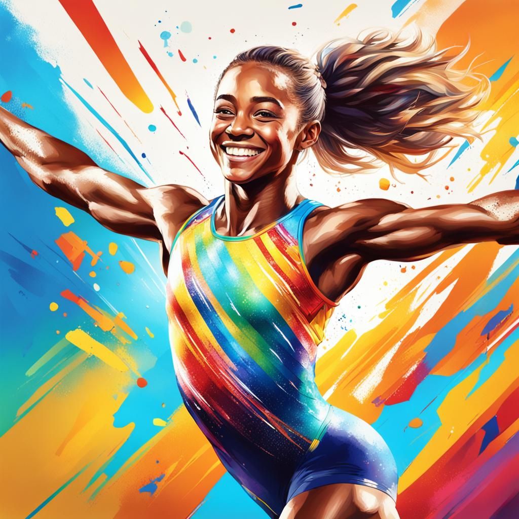 Smiling Gymnast at the Olympics: Hyperrealistic Splash Art