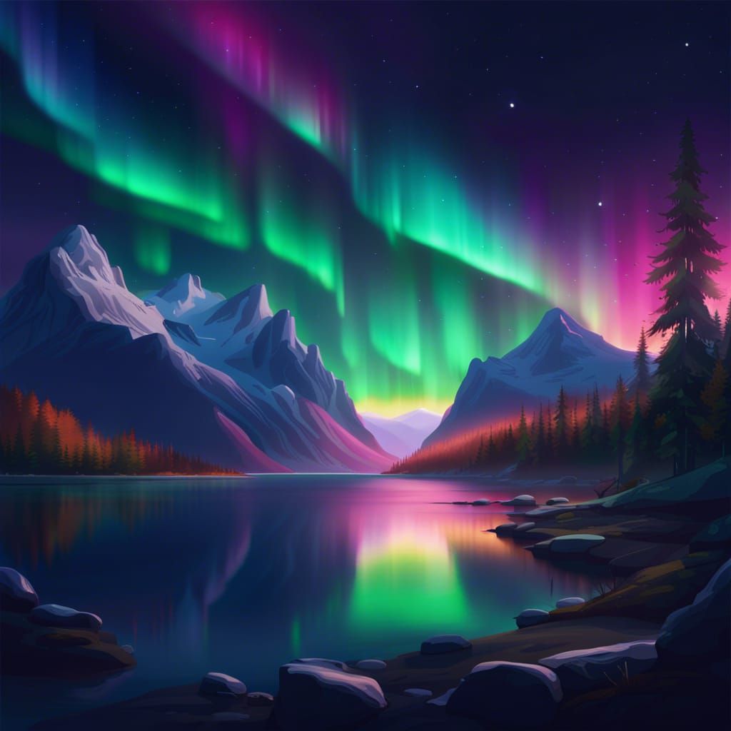 Aurora Borealis Over Fantasy Mountain Lake