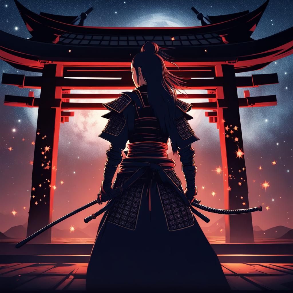 Samurai and Girl Under Starry Lights