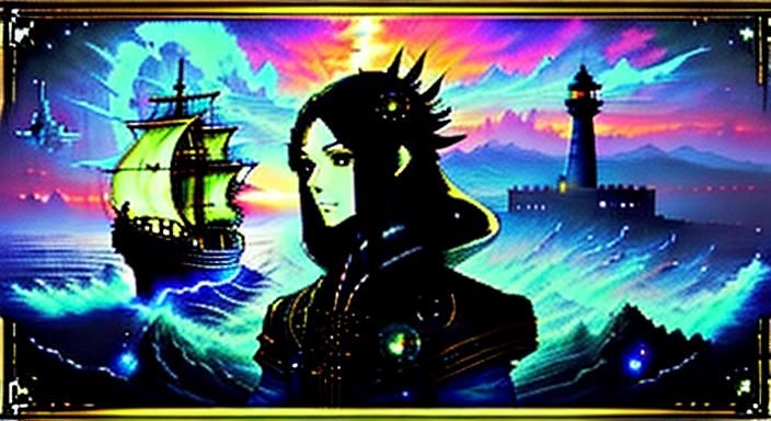 Anime Line Art: Ships, Lighthouse, Sunset