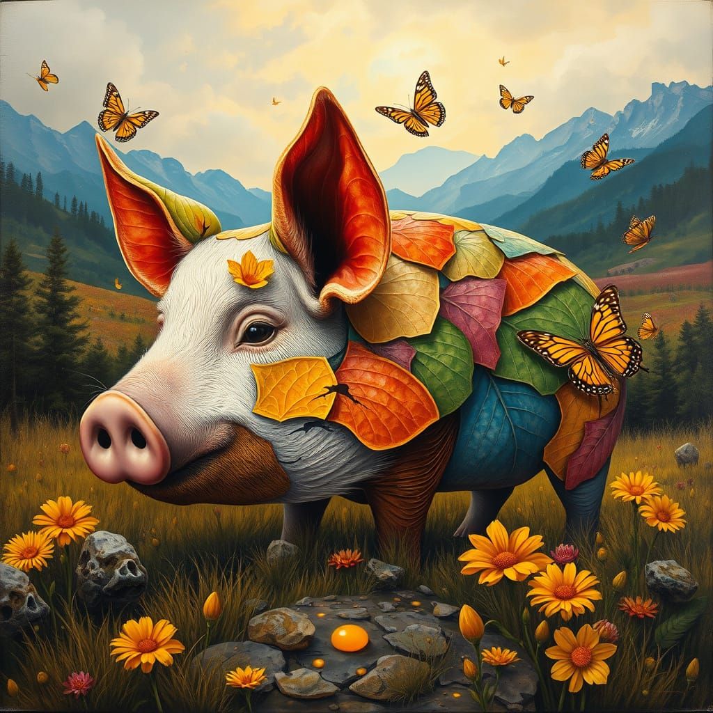 A Dürer-Inspired Pig Creature in a Vibrant Leaf Landscape