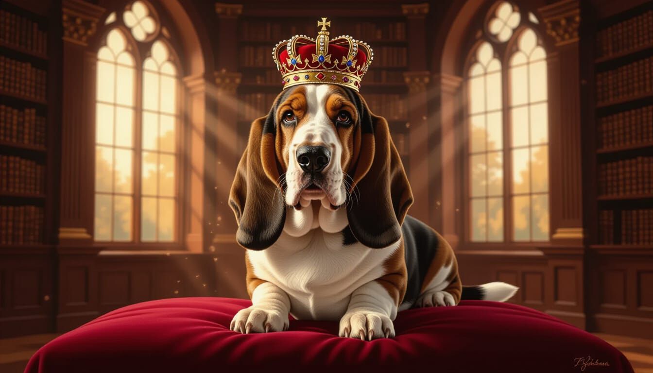 Regal Basset Hound in Noble Oil Painting Style