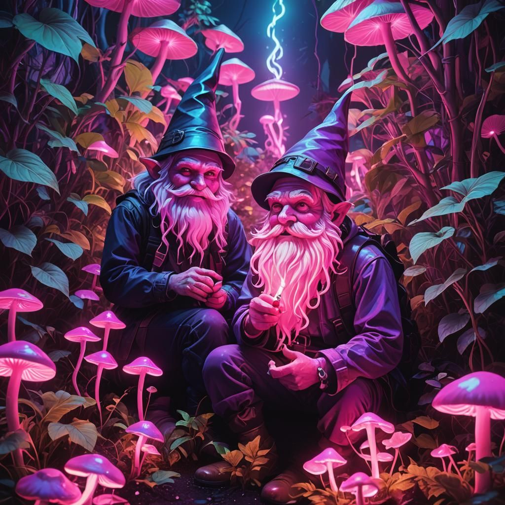 Gnomes Smoking Weed in Retro Synthwave Garden