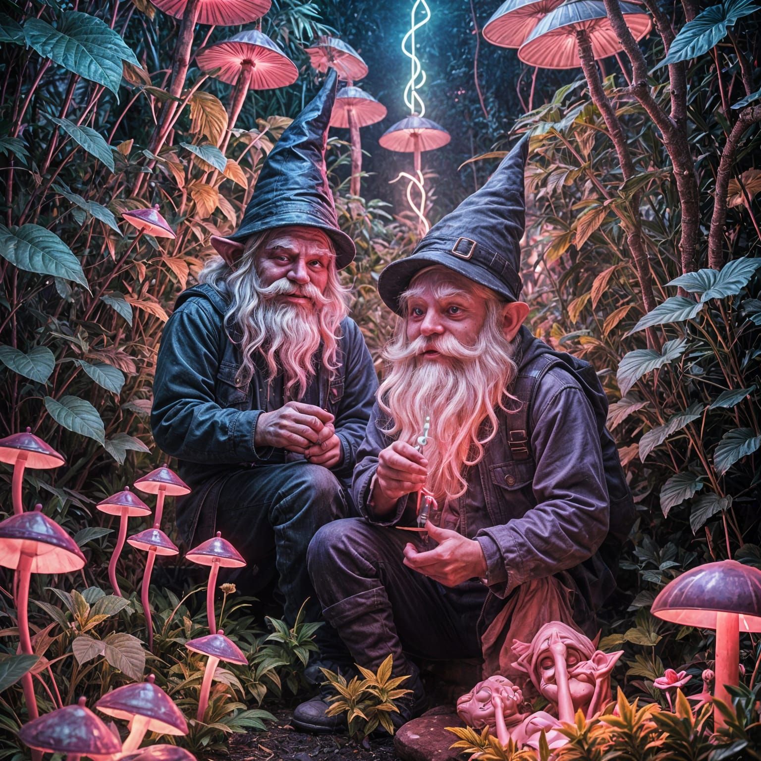 Gnome Couple Enjoying Garden in Synthwave Style