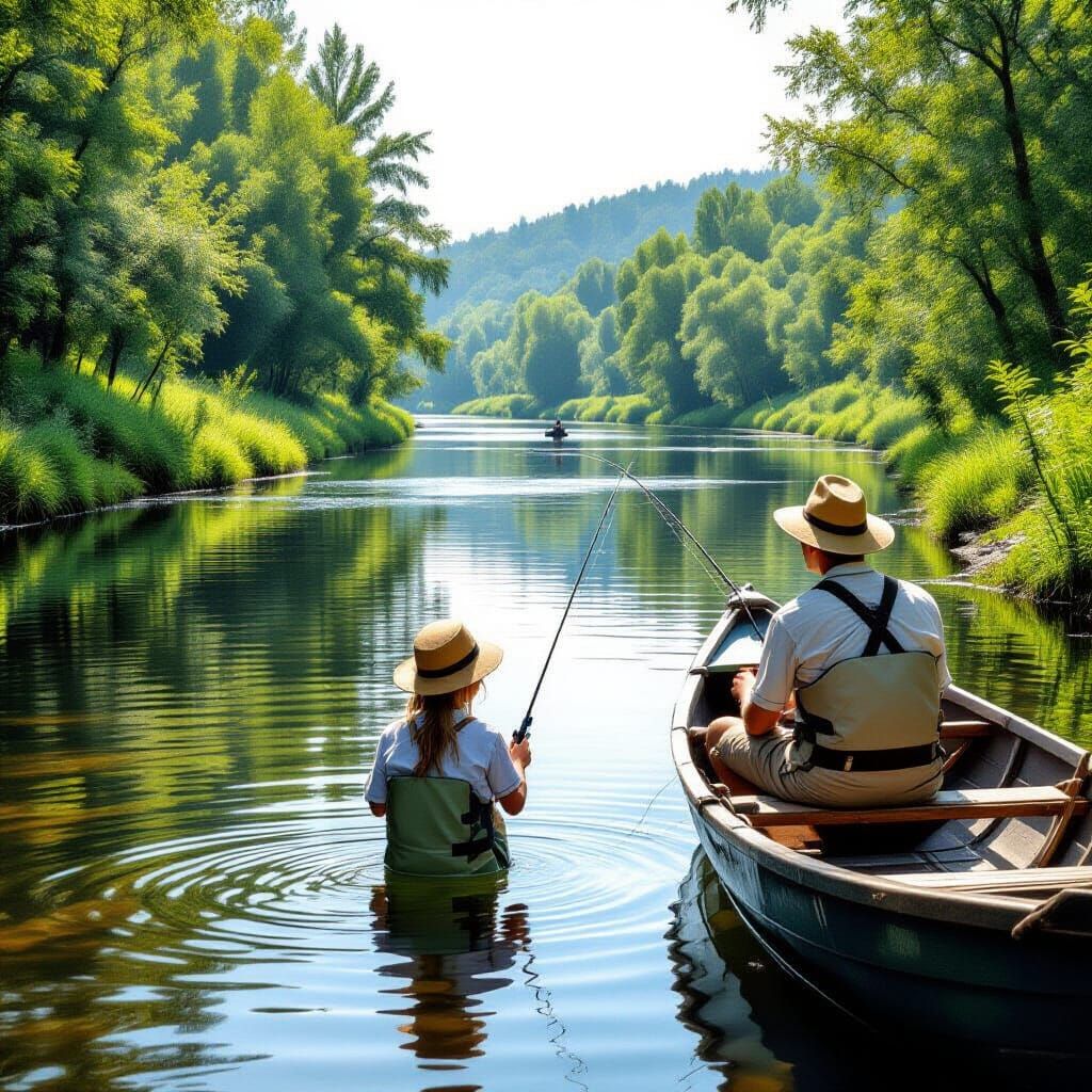 Boy and Girl Fishing Together on a River