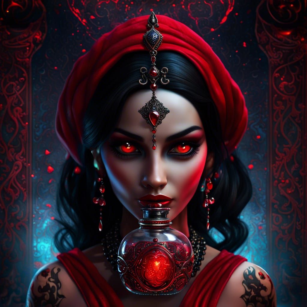 Female Genie Emerges from Jeweled Bottle