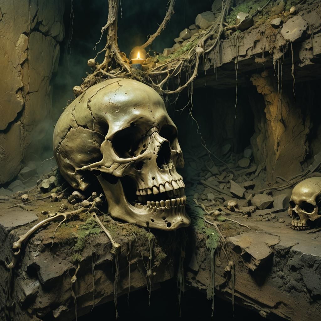 Macabre Skull Rotting in Eerie Surrealism
