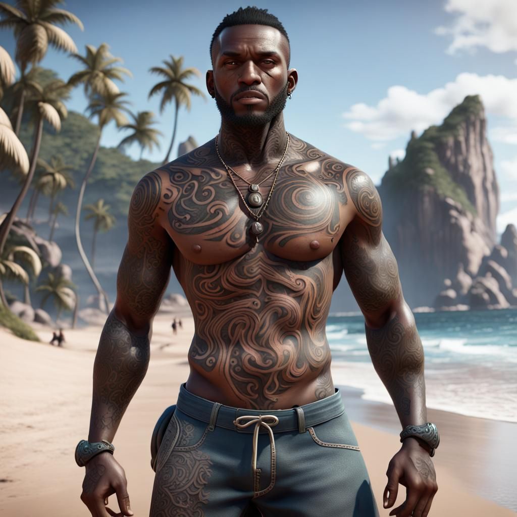 Tattooed Man on Beach in 3D Game Style