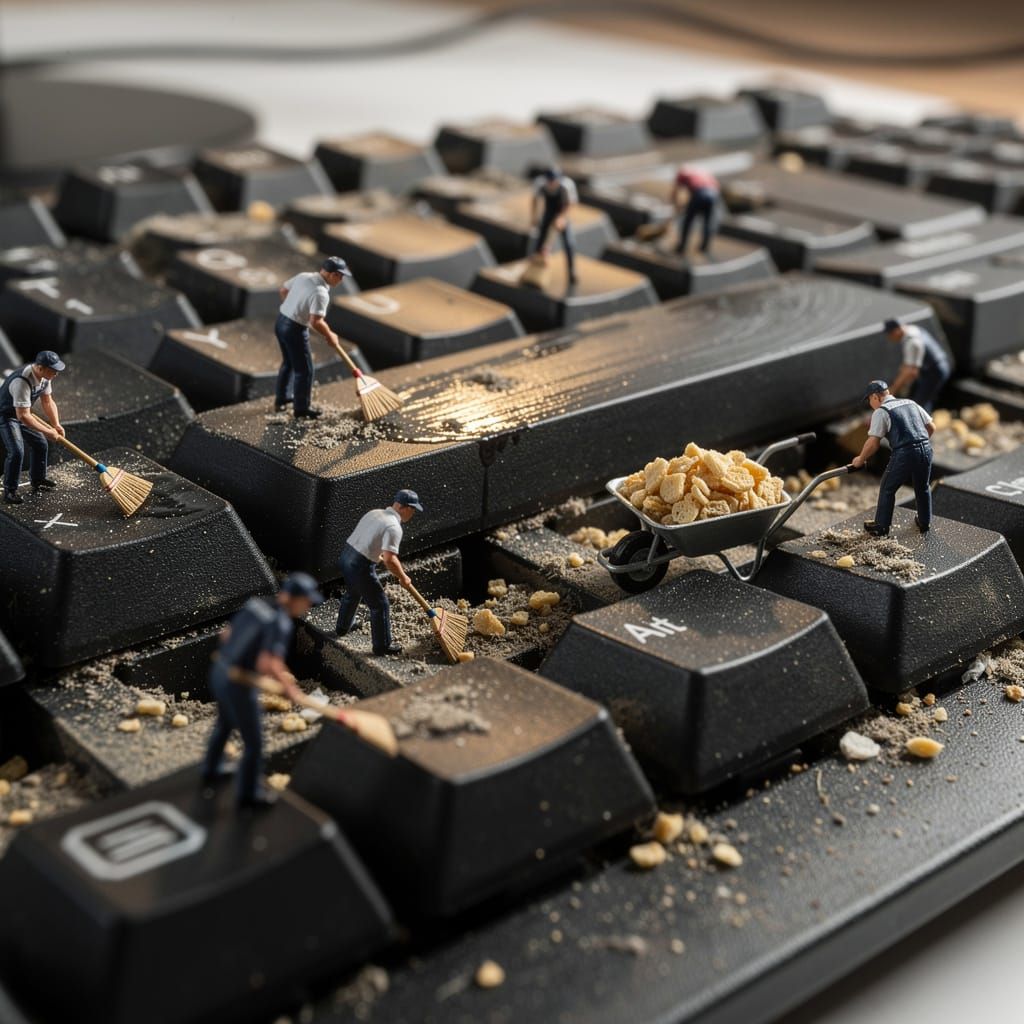 Tiny Workers Cleaning Giant Dusty Keyboard Macro Shot