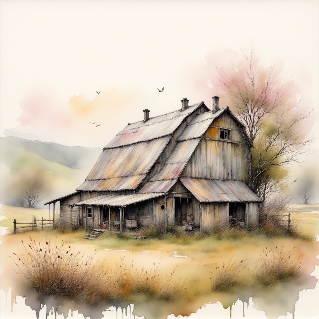 Serene Countryside Barn in Misty Morning Light