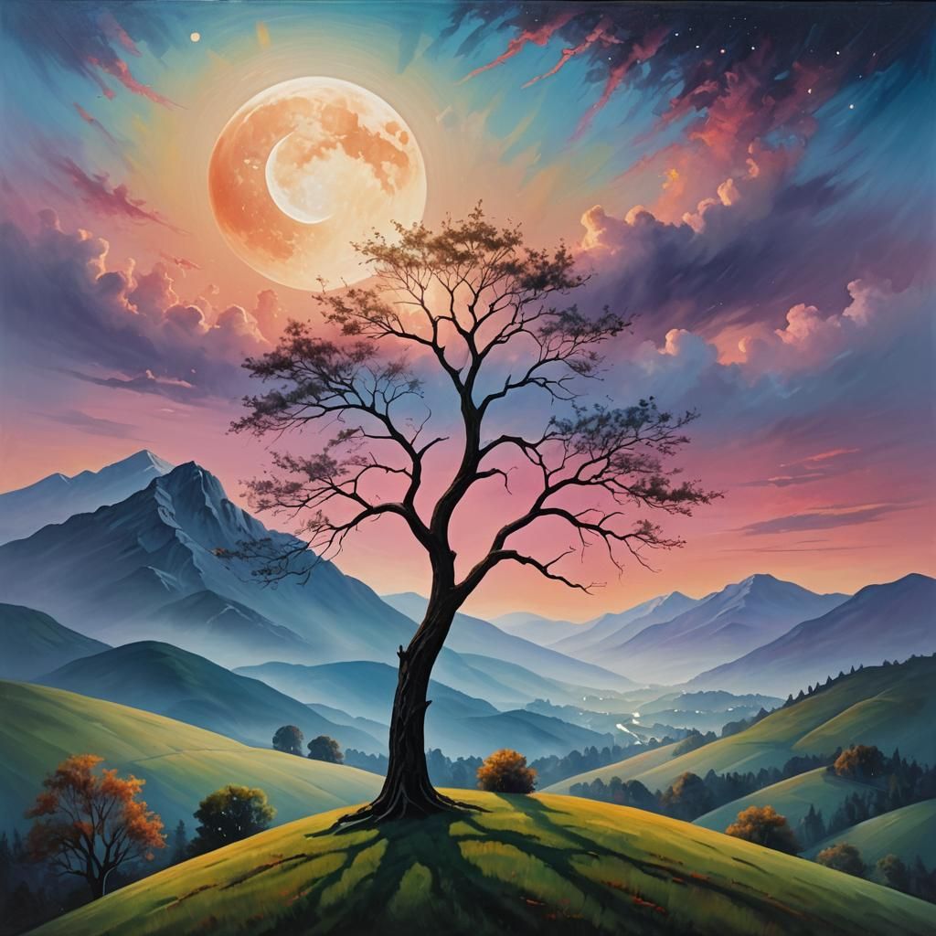 Ethereal Moonlit Landscape in Surrealist Oil Painting