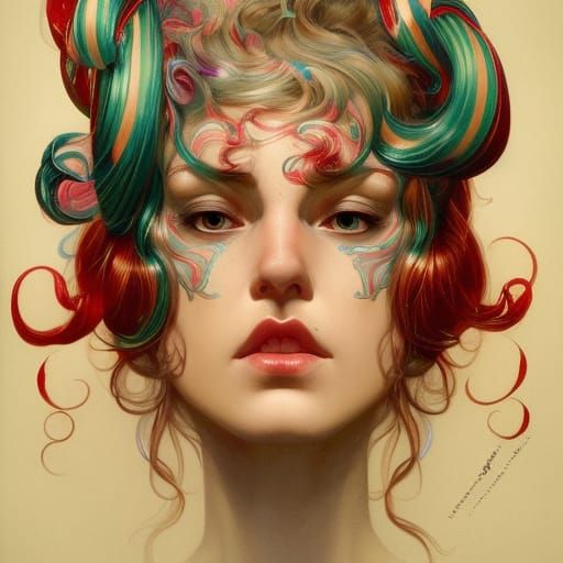 Psychedelic Art Nouveau Portrait with Candy Cane Hair