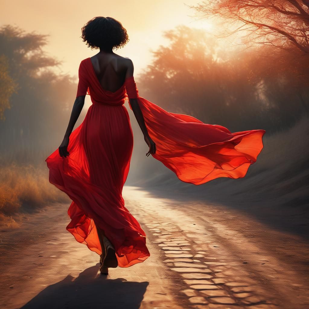 Ebony Woman in Red Dress: Surrealist Oil Painting