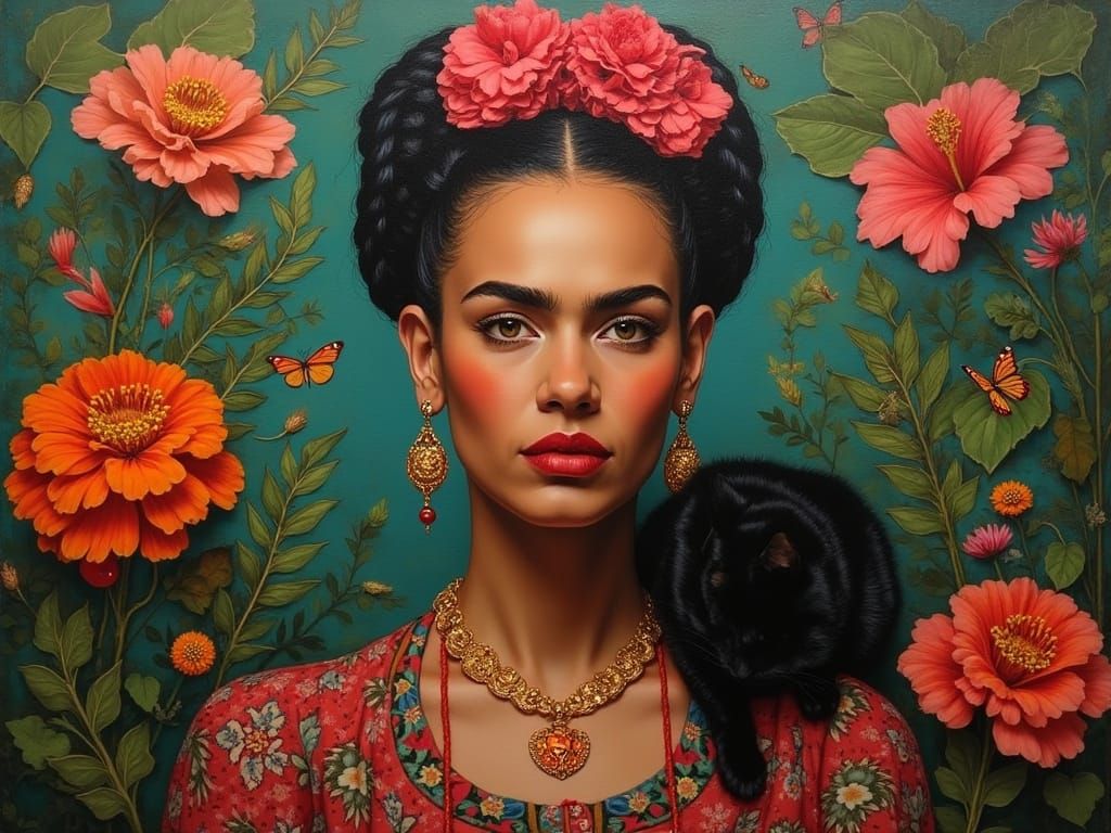 Dignified Black Woman in Vibrant Floral Setting, Folkloric S...