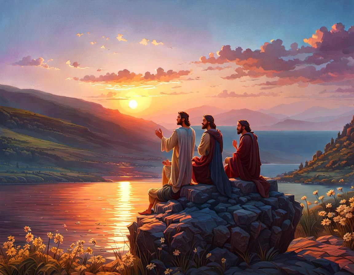Jesus Teaches Disciples at Sunset: Kinkade and Dewey Style