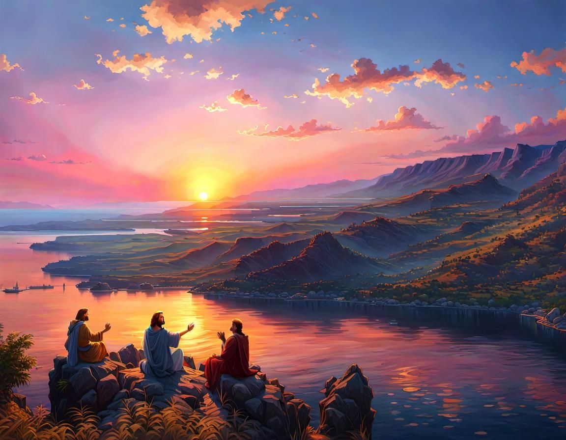 Jesus Teaches Disciples at Sunset: Digital Art