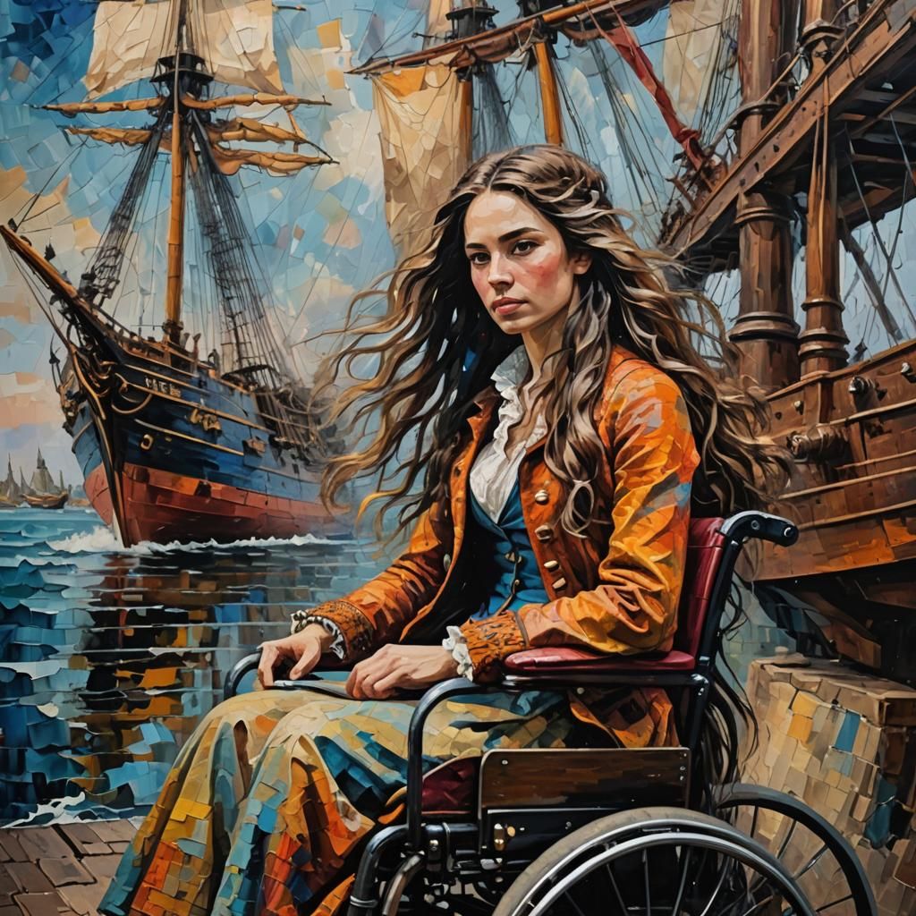 Woman Captains Ship: Palette Knife Painting with Intense Col...