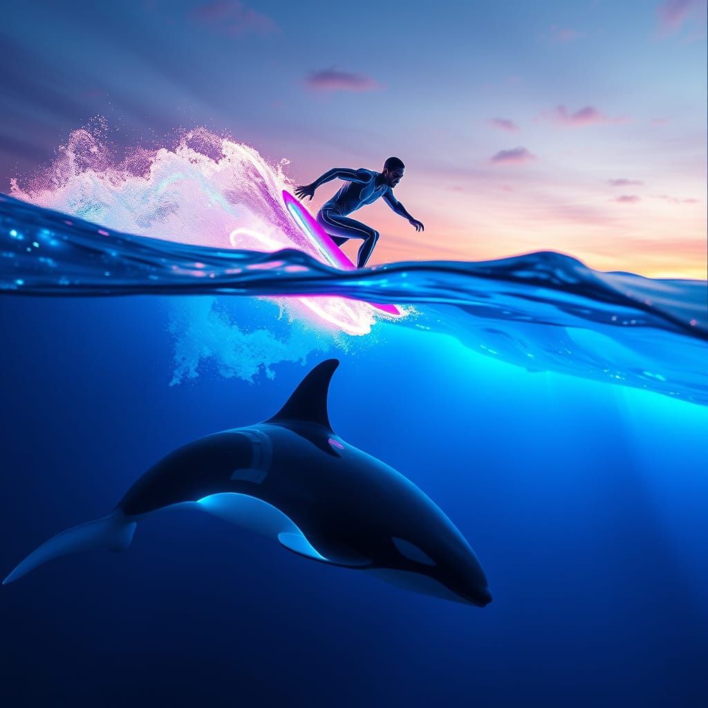 Ethereal Energy Waves Converge with Futuristic Surfer in a B...