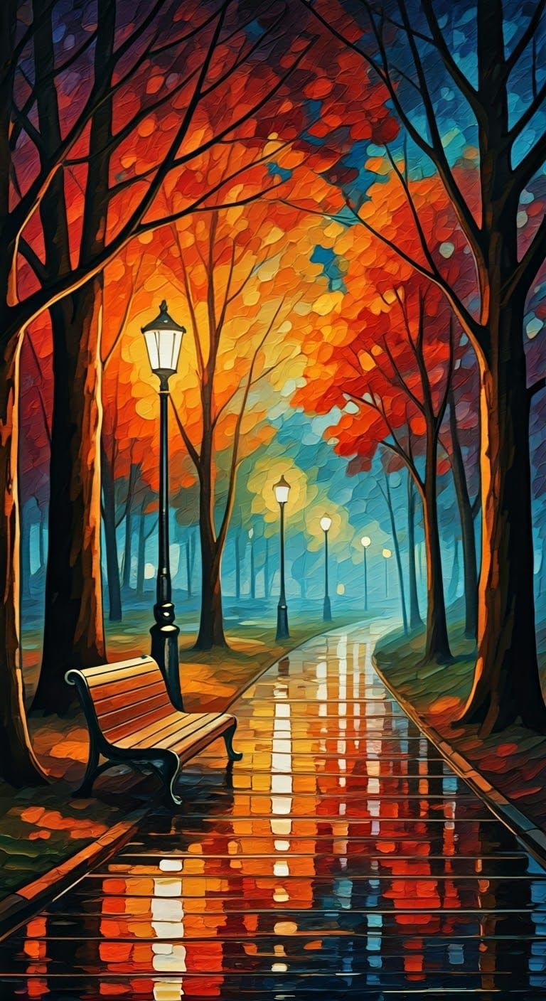 Autumn Night in Park as Colorful Paper Collage