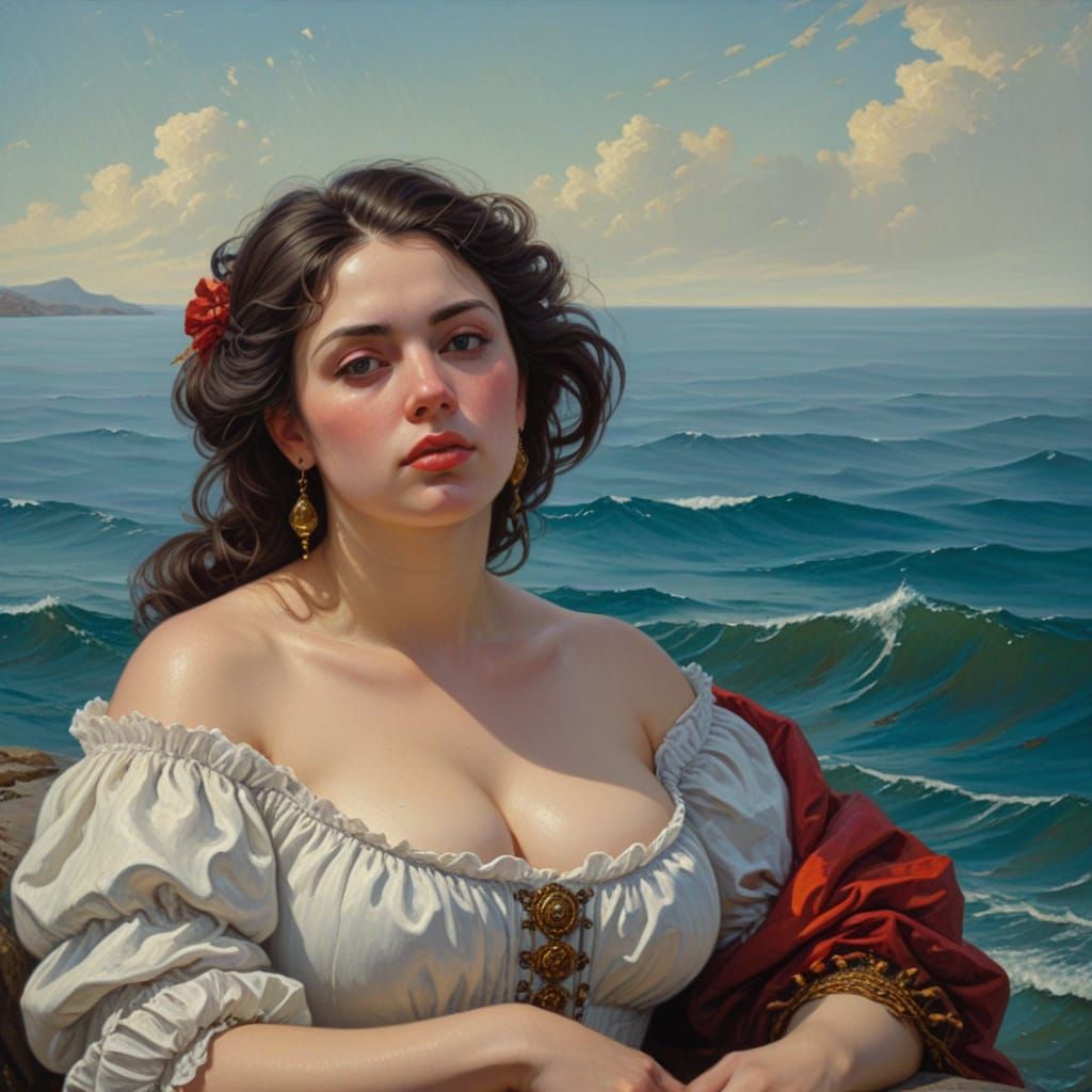 Baroque Painting of Woman Daydreaming by the Sea