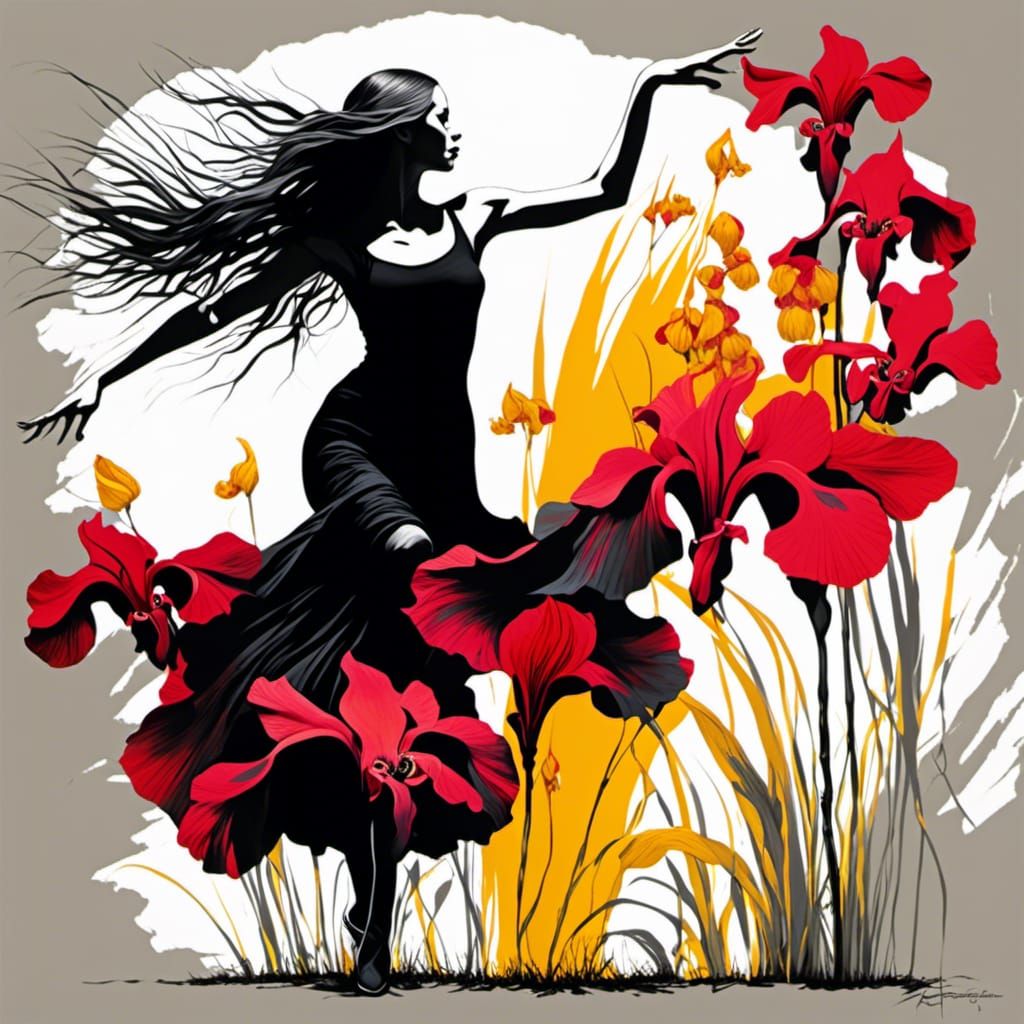 Dancer in Iris Field, Surrealist Style