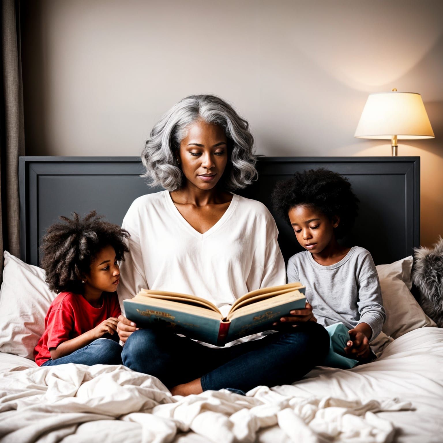 Black Woman with Grey Hair Reads to Children