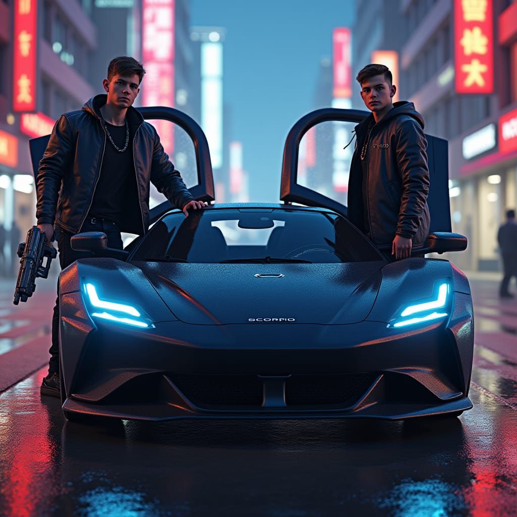 Boys with Futuristic Gun and Car in Unreal Engine Style