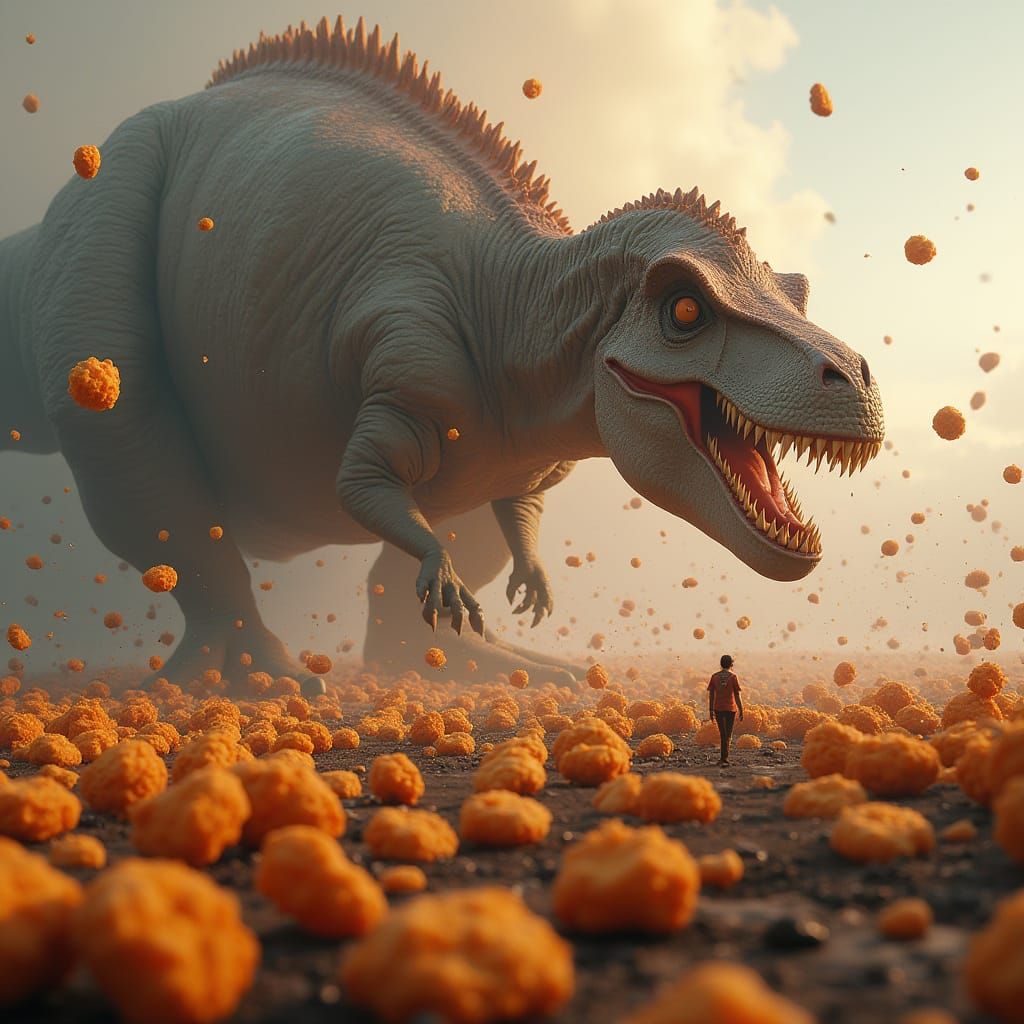Gigantic Dinosaur Surrounded by a Sea of Chicken Nuggets in ...