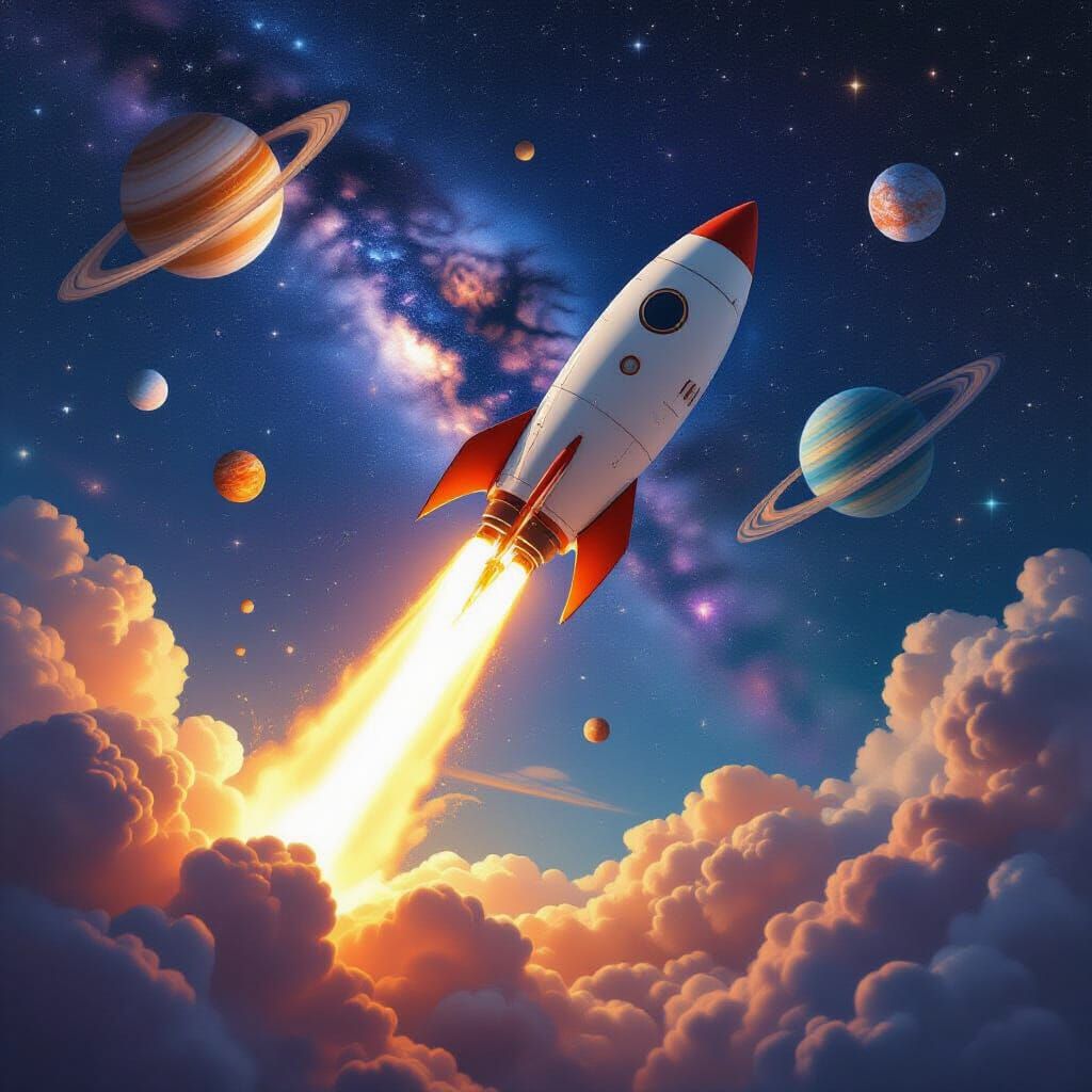 Rocket Launch Amidst Cosmic Wonders: Astral Illustration