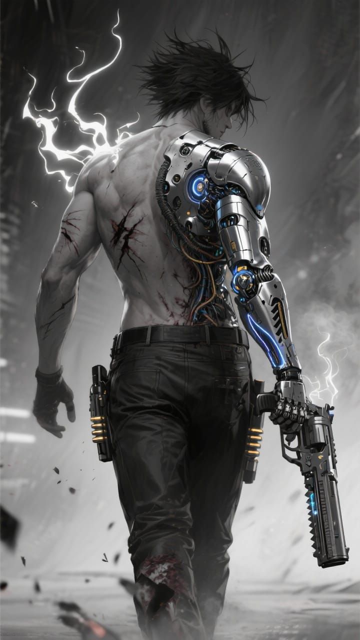 Cyberpunk Gunslinger in Grayscale Anime Noir