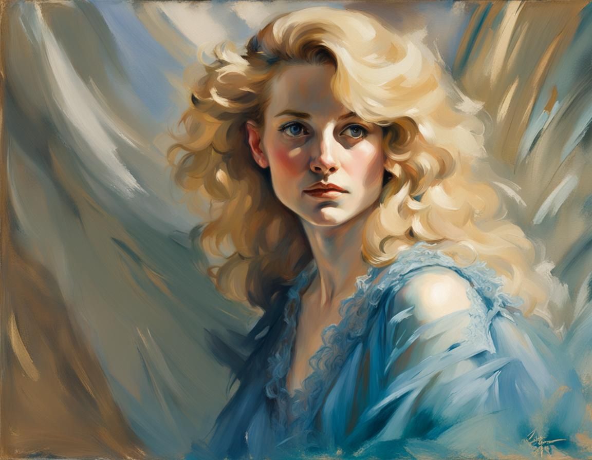 Impressionistic Portrait of Woman in Blue Negligee