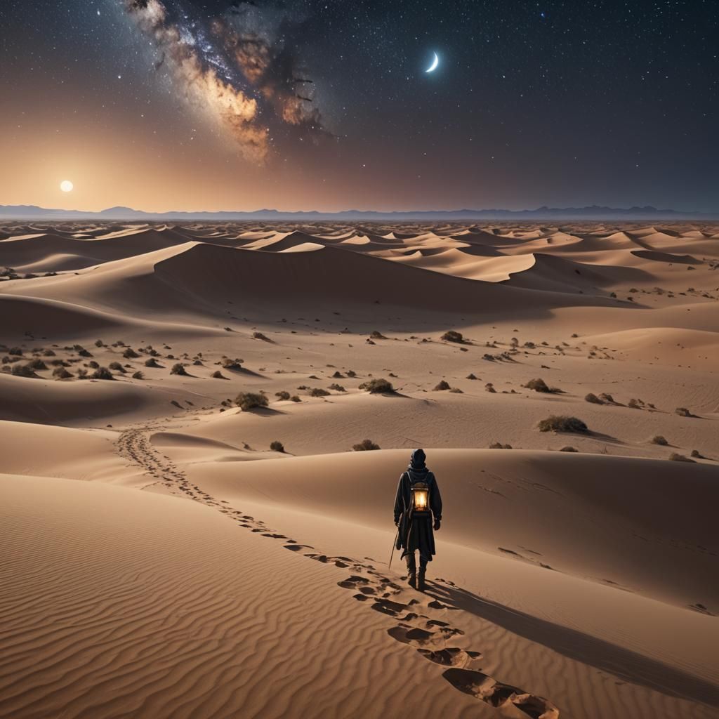 Desert Landscape with Traveler Under Starry Night