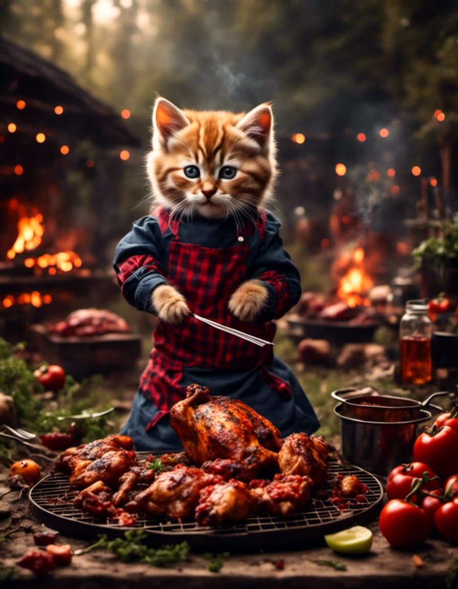 Kitten BBQ Chef Prepares Chicken