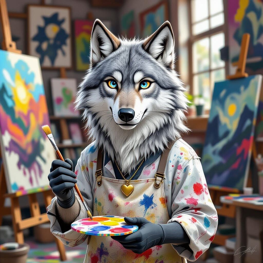 Wolf Artist with Sapphire Eyes in Vibrant Comic Style