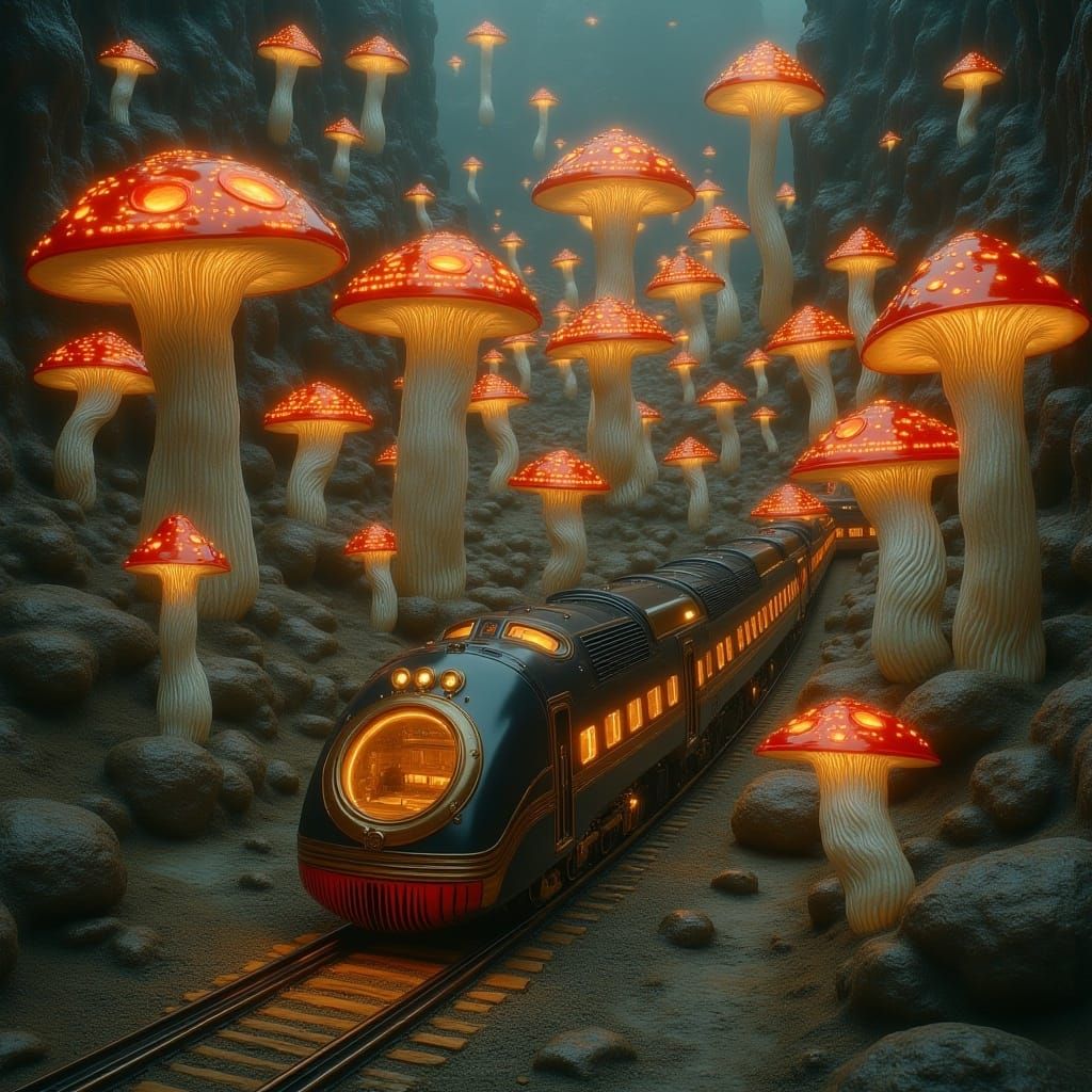 Surreal Train Journey Through Mushroom Landscape