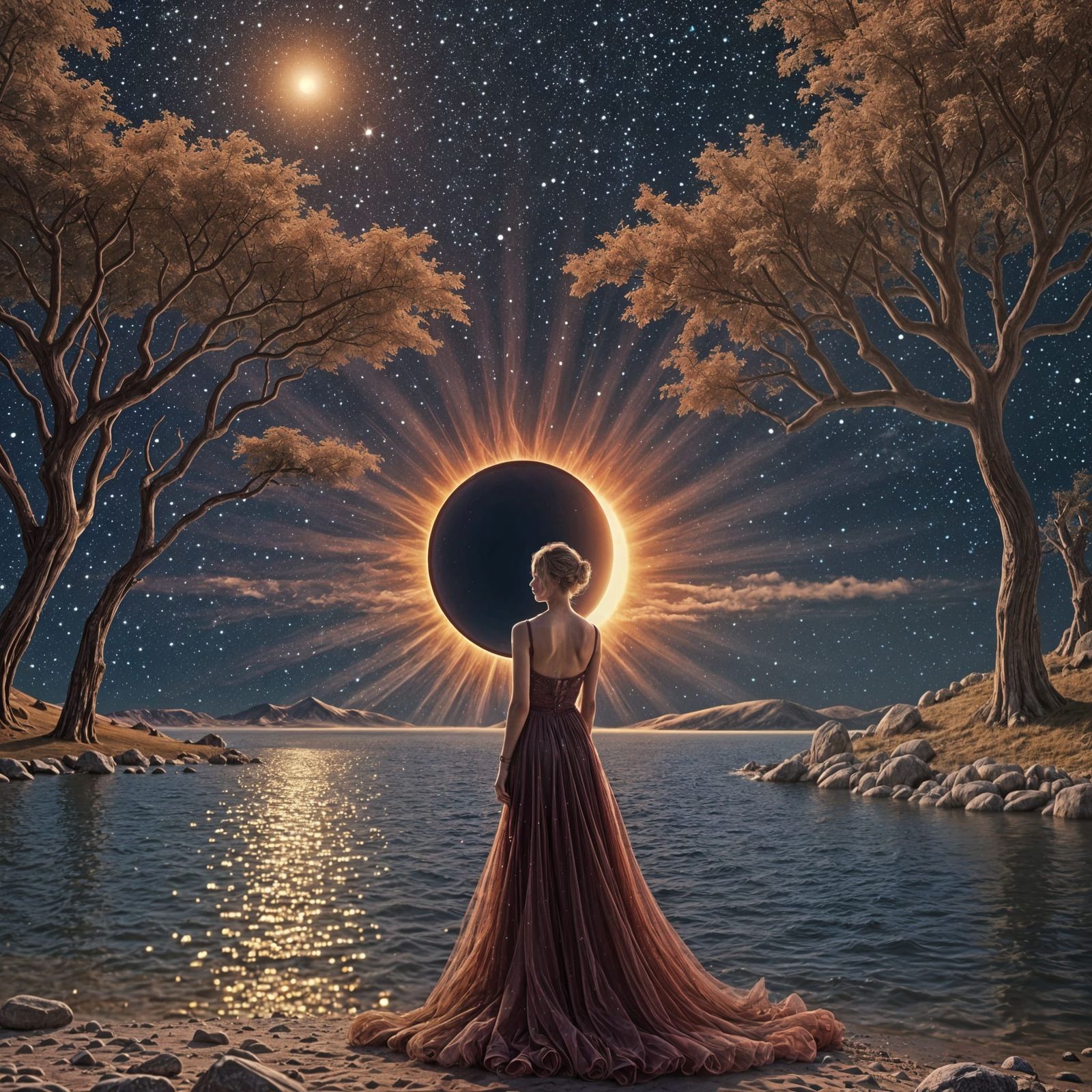 Magical Starry Night: Total Eclipse in High Detail