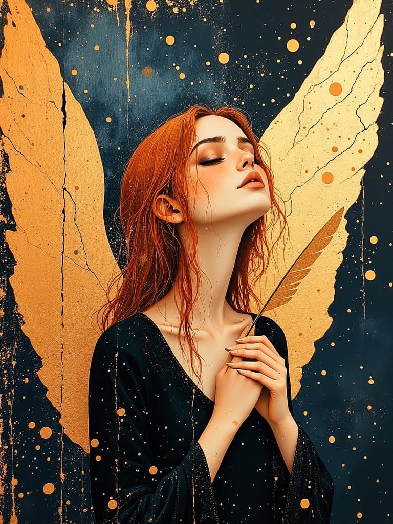 Winged Woman with Quill, Catholic Iconography Style