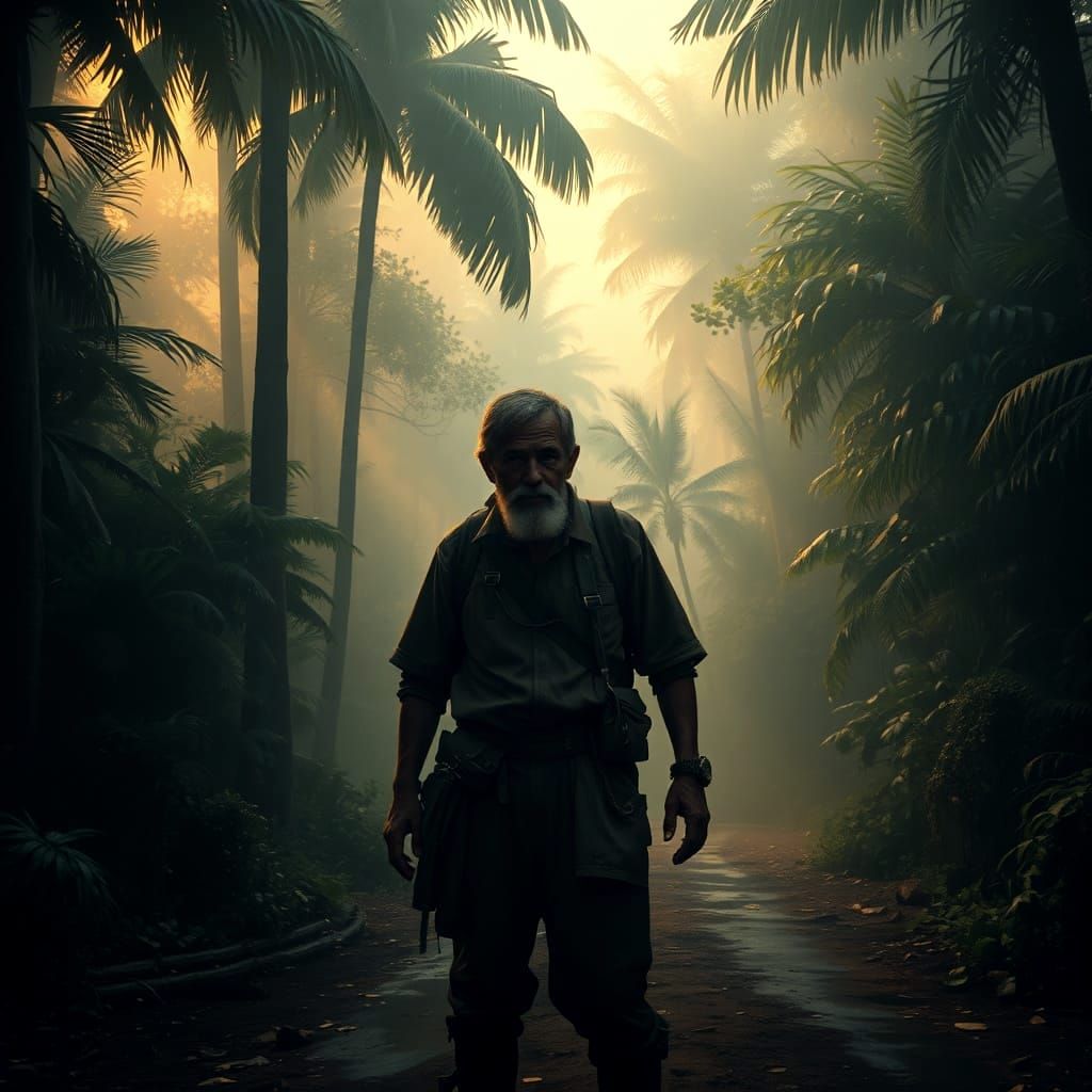 Traveler at Jungle Crossroads in Rembrandt Style