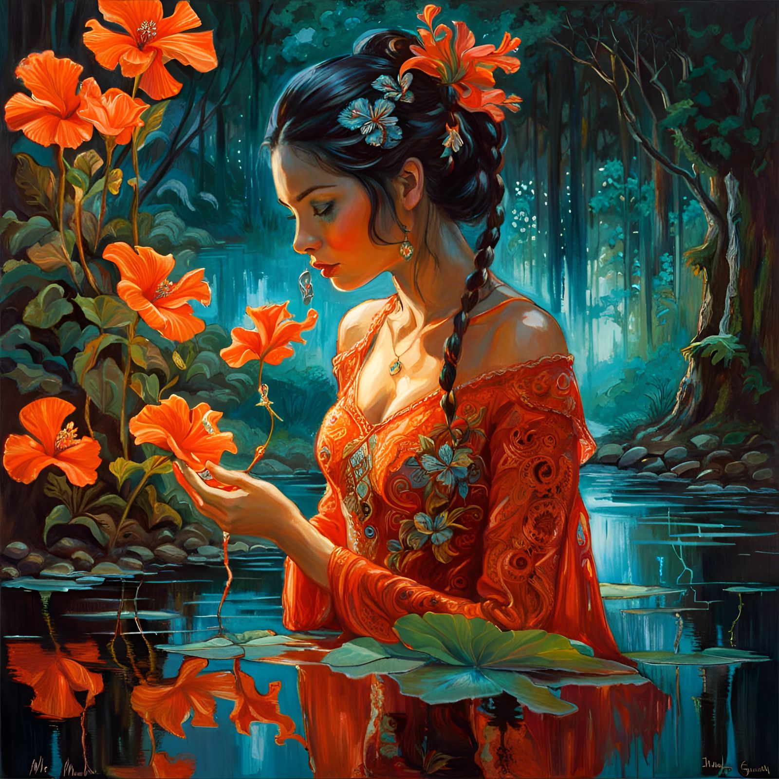 Bioluminescent Frog Princess in Mirrored Reflection