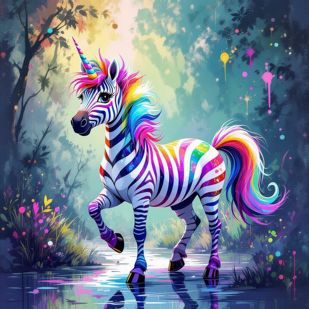 Pixar-Style Fantasy Unicorn Zebra with Rainbow Accents