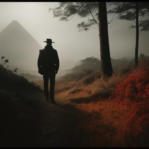 Mysterious Scaled Man with Wings in Blended Landscape