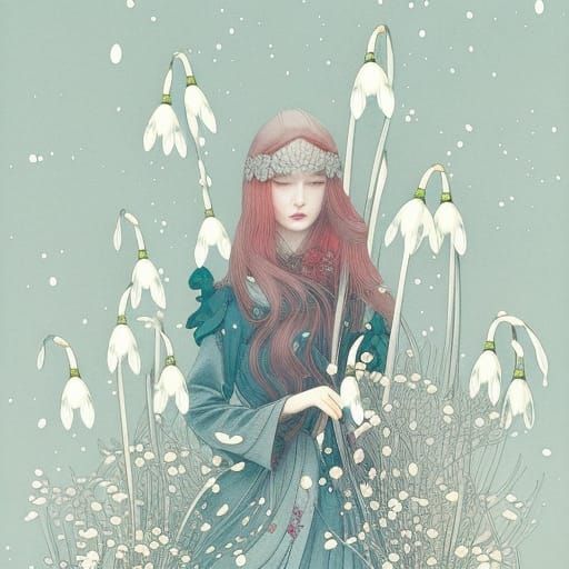 Fairytale Snowdrops in Snow, Detailed Digital Art