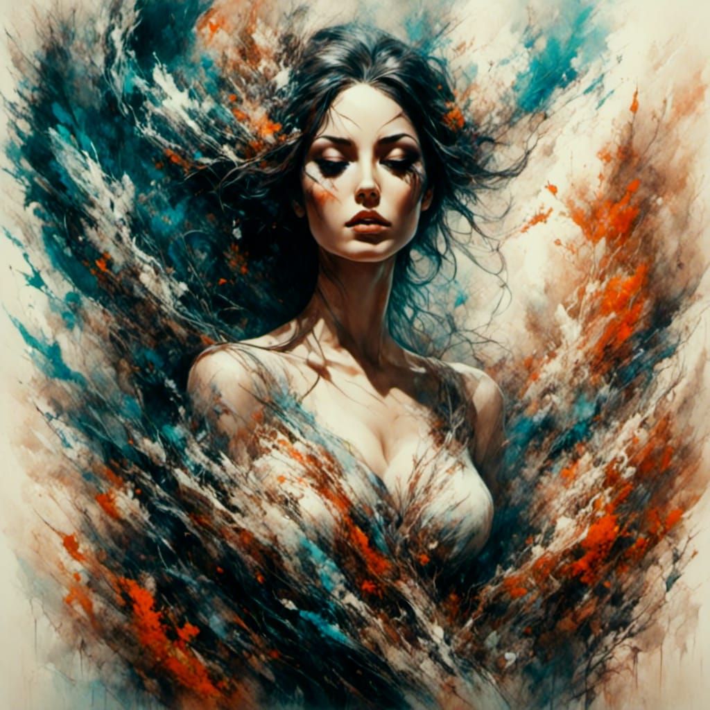 Fantasy Brunette in Ink Painting Smoke Swirls