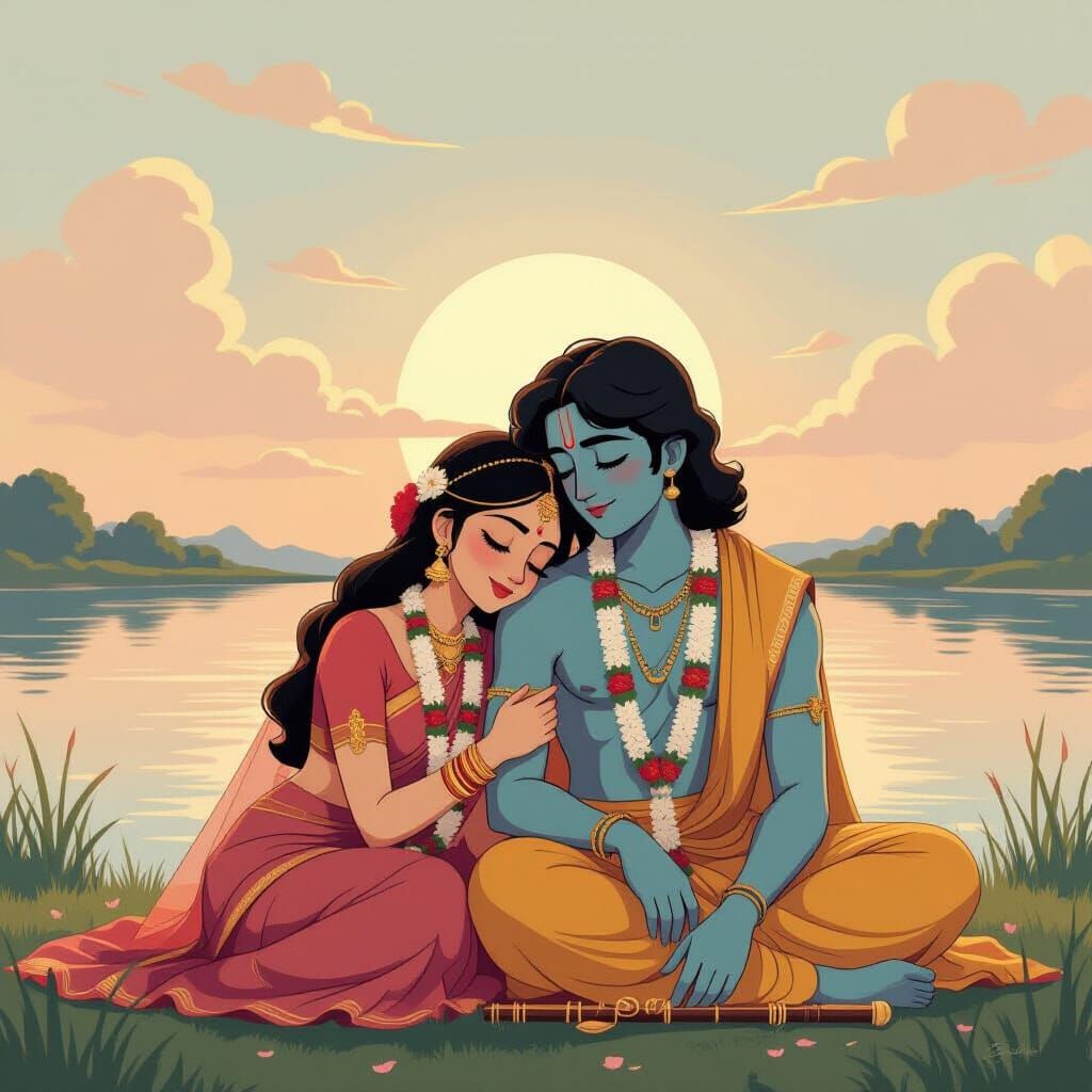 Radha and Krishna by Yamuna River, Ghibli Style