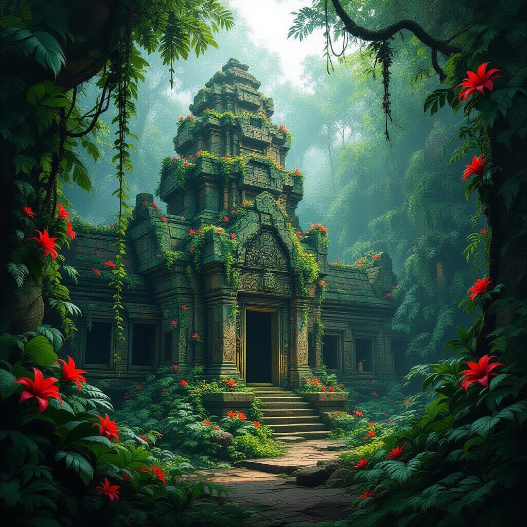 Mysterious Jungle Temple Art in Simon Stalenhag Style