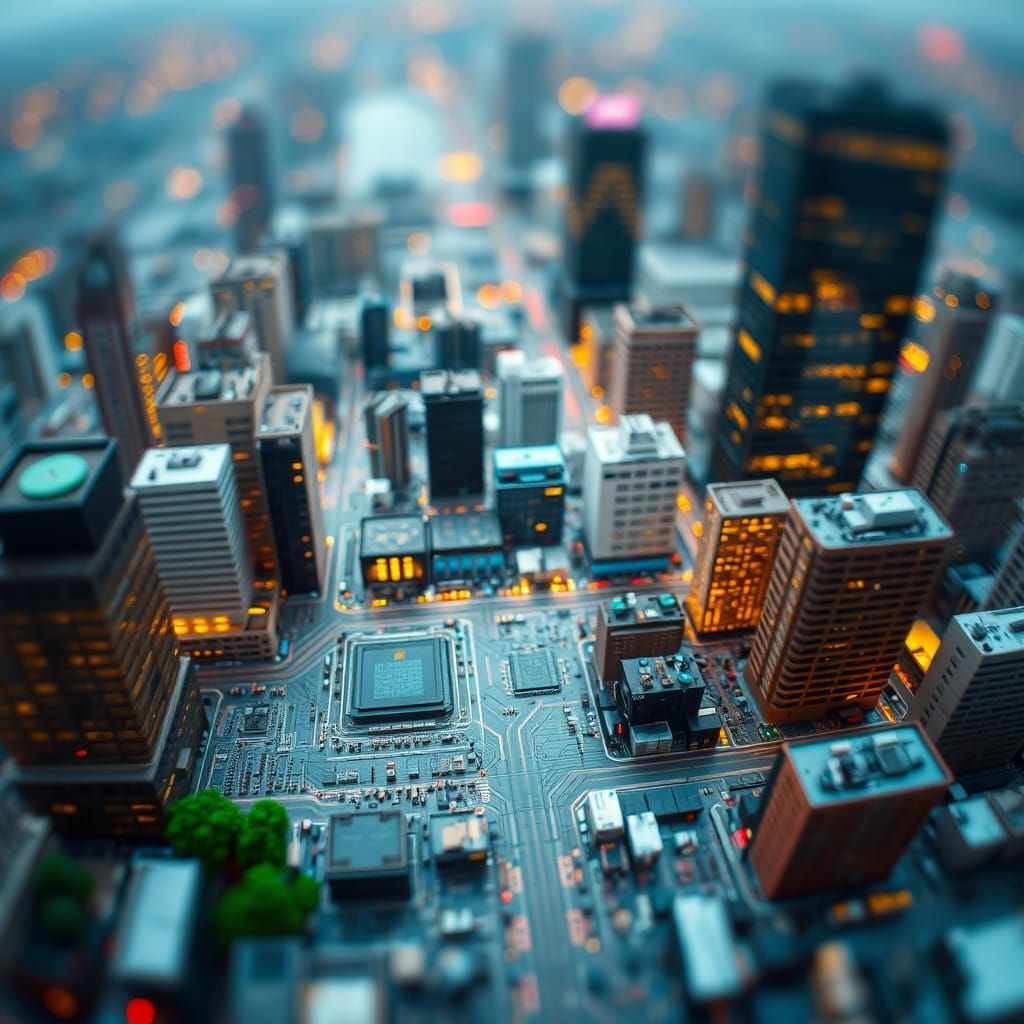 Miniature Motherboard Cityscape in Fish-Eye View