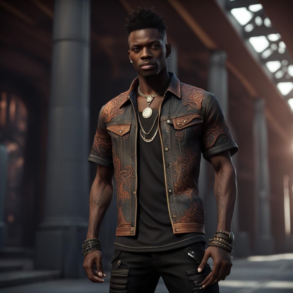 Black Male Model in Punk Fashion, Detailed Matte Painting